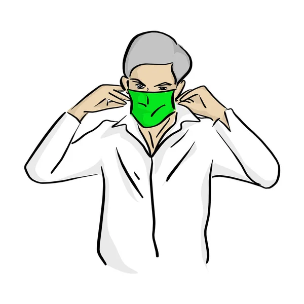 Man Wearing Medical Green Mask Vector Illustration Sketch Doodle Hand — Stock Vector