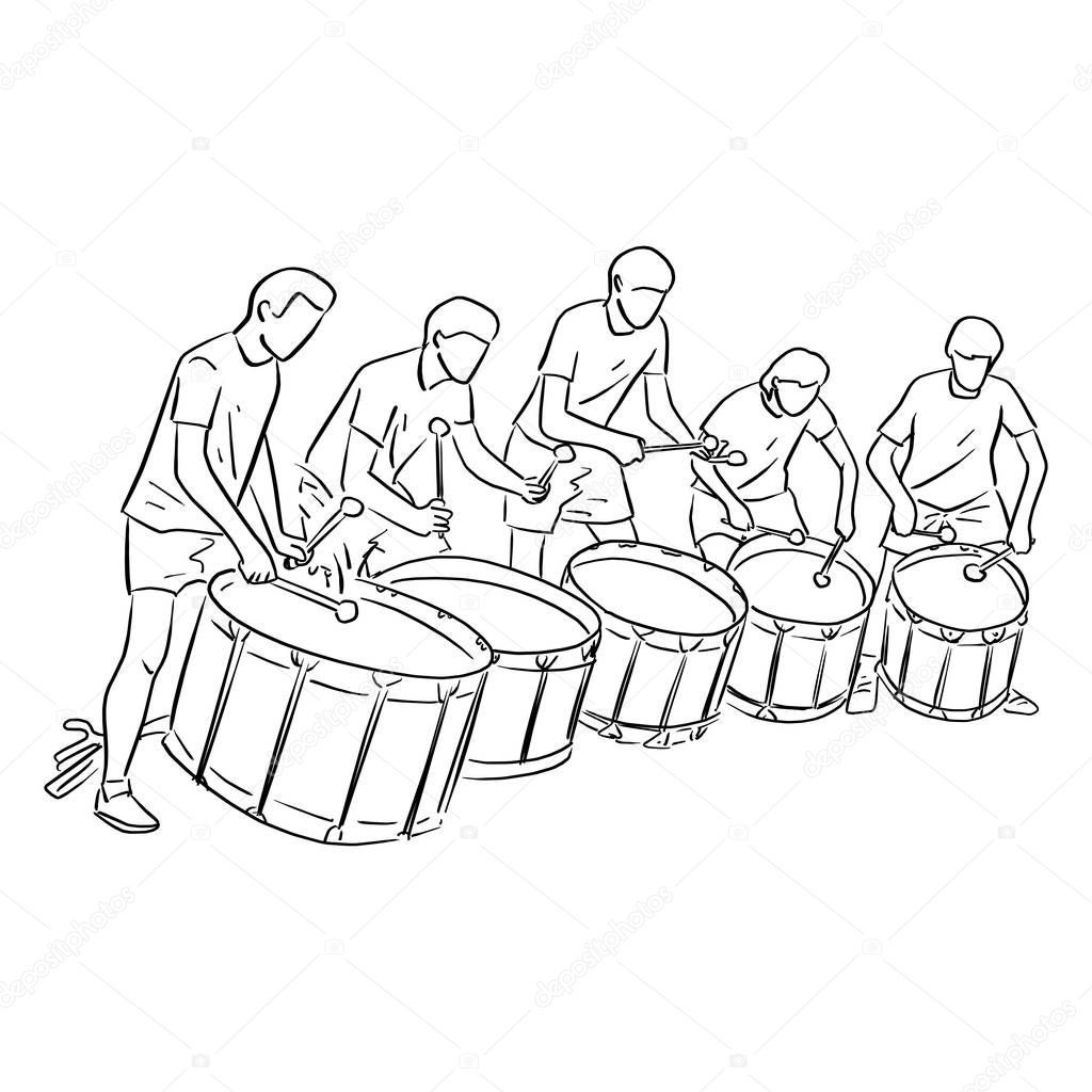 five teenagers playing marching drum vector illustration sketch doodle hand drawn with black lines isolated on white background. Teamwork concept.