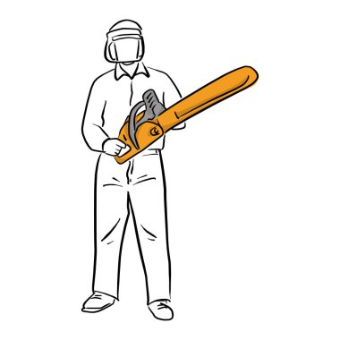 adam holding testere Emanet vektör illüstrasyon kroki ile elle izole beyaz arka plan üzerinde siyah çizgilerle çizilmiş doodle. Marangozluk aracı.