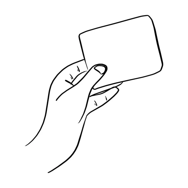 Kontur Handen Håller Tomt Kort Vektor Illustration Skiss Doodle Hand — Stock vektor