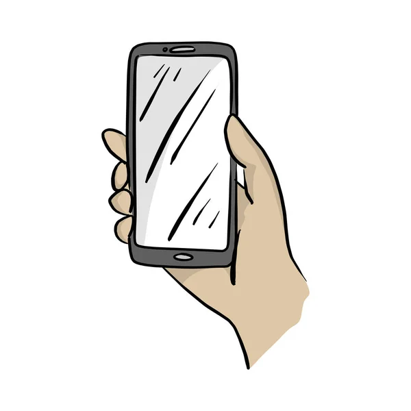 Рука Держа Векторную Иллюстрацию Мобильного Телефона Рисунок Каракули Рука Нарисована — стоковый вектор
