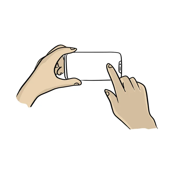 两只手使用智能手机与凹槽显示矢量插图素描涂鸦手绘黑线隔离在白色背景 — 图库矢量图片