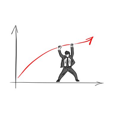 ellerimle kadar kırmızı ok yükselterek işadamı illüstrasyon kroki doodle elle izole beyaz arka plan üzerinde siyah çizgilerle çizilmiş vektör