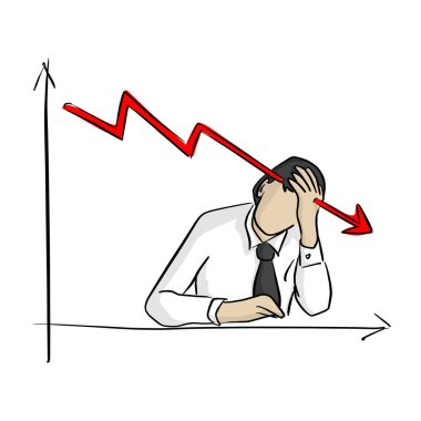grafik vektör illüstrasyon kroki doodle elle izole beyaz arka plan üzerinde siyah çizgilerle çizilmiş aşağı gidiş ile kafasını kapma iş adamı. İş kriz kavramı.