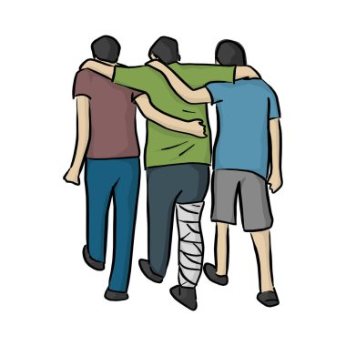 arkadaşlar izole beyaz arka plan üzerinde siyah çizgiler ile onun bacak vektör illüstrasyon kroki doodle elle çizilmiş bandaj ile yardım