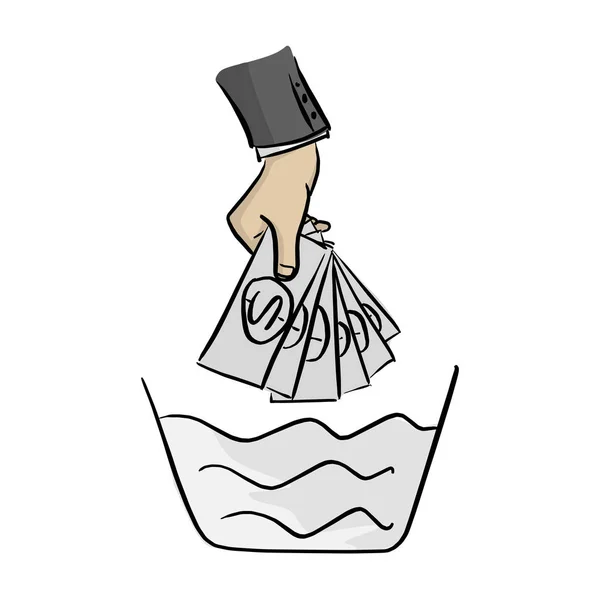 実業家洗濯ボウル ベクトル イラスト スケッチお金の手は 白い背景で隔離の黒い線で描かれた手を落書き お金のマネーロンダ リングの概念 — ストックベクタ