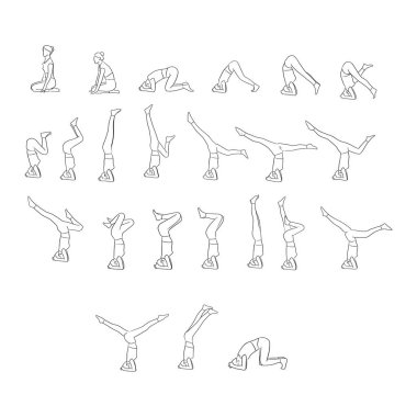 izole beyaz arka plan üzerinde siyah çizgiler ile farklı pozlar vektör çizim Yoga yapıyor kadın