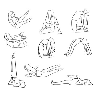 küme farklı yoga yaparken kadınların vektör illüstrasyon izole beyaz arka plan üzerinde teşkil etmektedir.