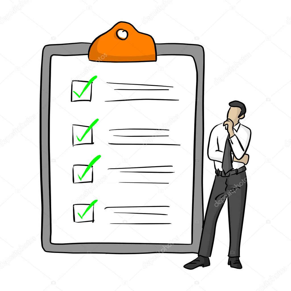 businessman standing near big complete checklist with green tick marks vector illustration with black lines isolated on white background