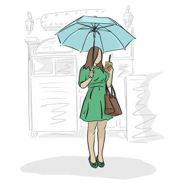 kadın şemsiye ve kahve kahve dükkanı vektör çizim ile izole beyaz arka plan üzerinde siyah çizgiler ile onun elinde altında