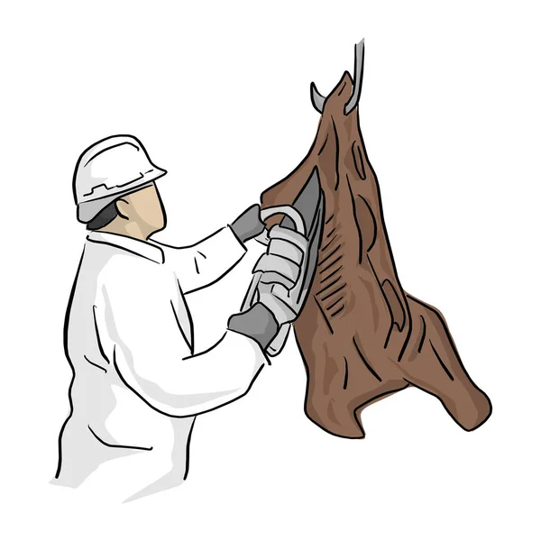 Açougueiro macho usando motosserra para cortar pendurado carne vetor ilustração com linhas pretas isoladas no fundo branco . — Vetor de Stock