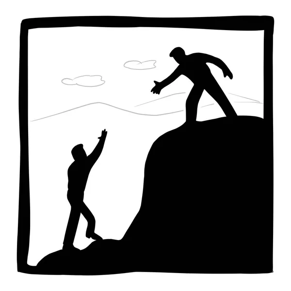 Businessman helping each other hike up mountain vector illustration with black lines isolated on white background. Business teamwork concept. Royalty Free Stock Vectors