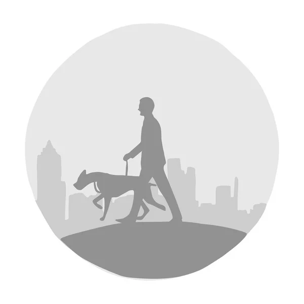 剪影人和他的狗与城市风景向量例证与黑线隔绝在白色背景。灰色的阴影. — 图库矢量图片