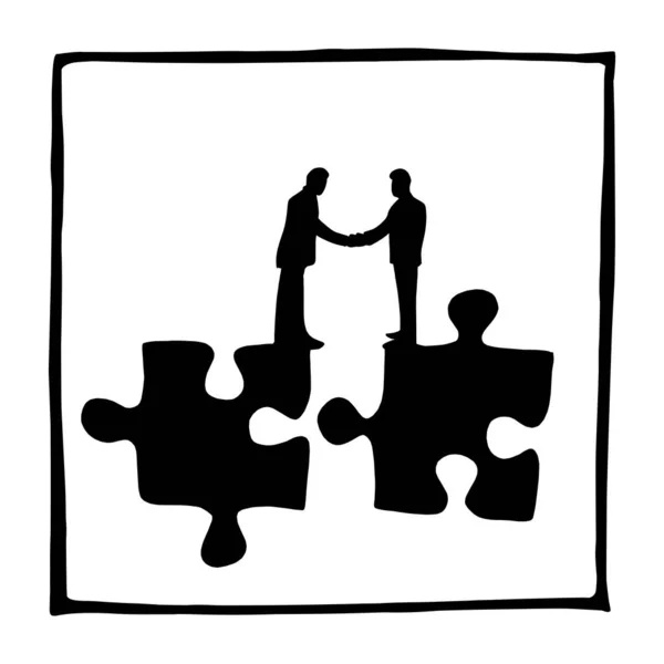 Силуэт двух бизнесменов пожимающих руки на векторном рисунке пазл рисунок руки нарисованы изолированы на белом квадратном фоне. Концепция бизнеса — стоковый вектор