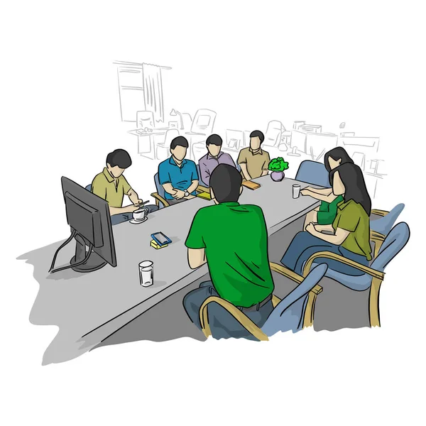 Biznesmeni w spotkanie biznesowe dla przyszłych rozwiązywania problemów w biurze rysunek ilustracja szkic na białym tle linie rysować ręka wektor — Wektor stockowy