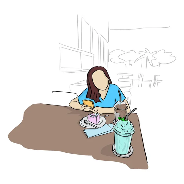 Vrouw met behulp van mobiele telefoon met cake cand koele drankjes op tafel in — Stockvector