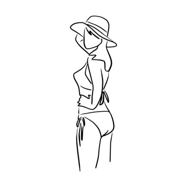 bikini ve şapka vektör illüstrasyon çizim karalama el beyaz arka plan üzerinde izole siyah çizgiler ile çizilmiş ile çizim güzel yaz plaj kadın