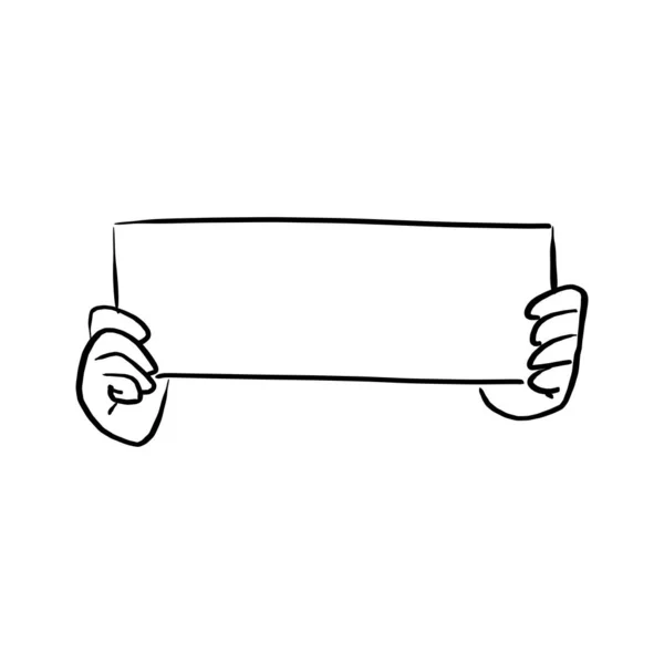 Рука тримає порожній паперовий знак Векторна ілюстрація ескіз каракуля рука намальована чорними лініями ізольовані на білому тлі — стоковий вектор