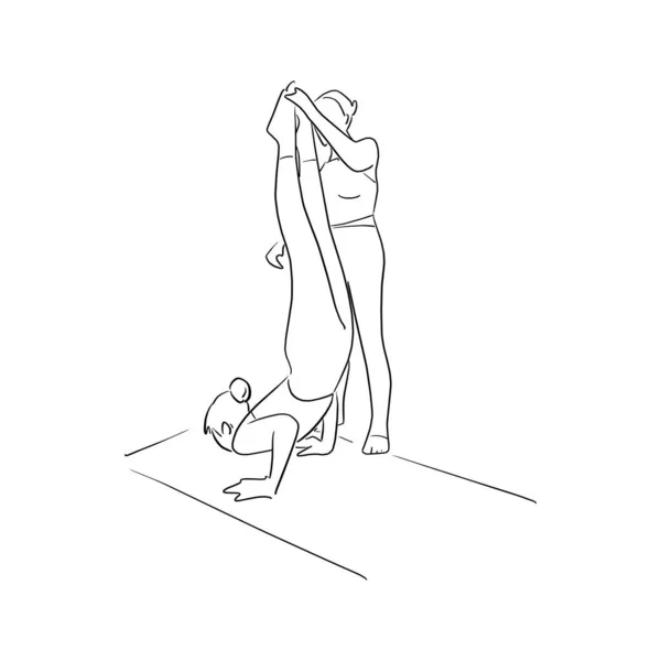 Fitness donna fare yoga con il suo istruttore in camera vettoriale illustrazione con linee nere isolate su sfondo bianco . — Vettoriale Stock