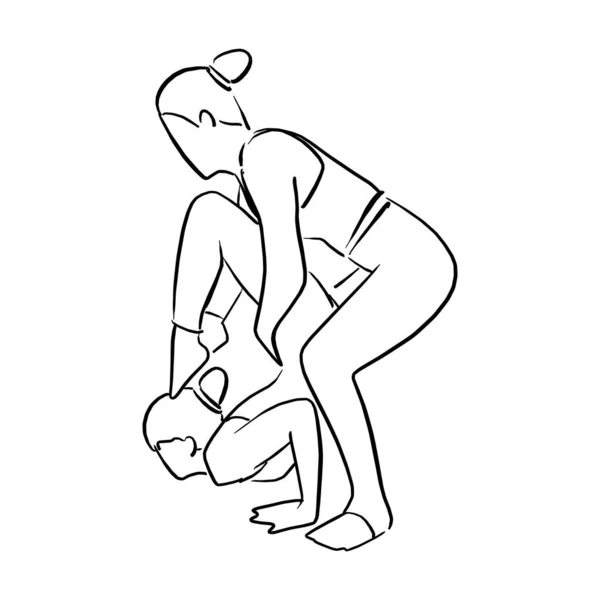 Instructor de yoga ayudando a su estudiante de fitness ilustración vectorial con líneas negras aisladas sobre fondo blanco . — Archivo Imágenes Vectoriales