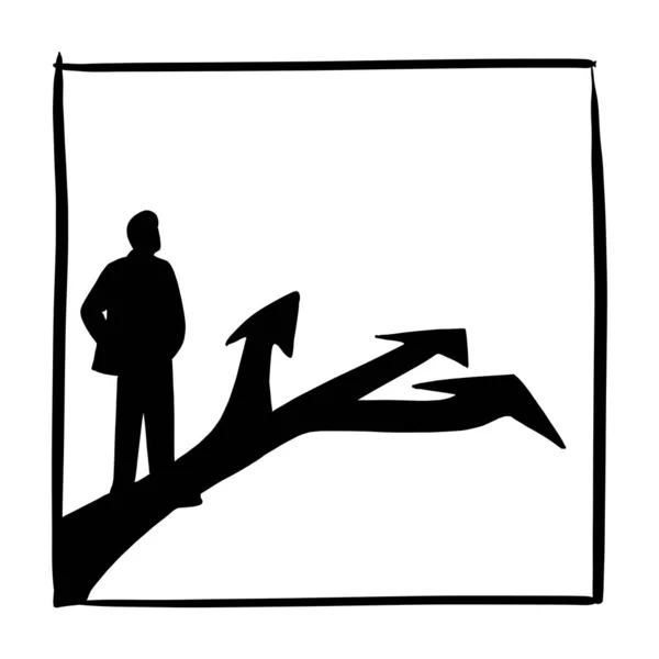 실루엣 사업가 아스팔트 도로 벡터 일러스트 스케치 낙서 손에 흰색 사각형 프레임 배경에 고립 된 세 개의 화살표 앞에 서. 비즈니스 개념. — 스톡 벡터