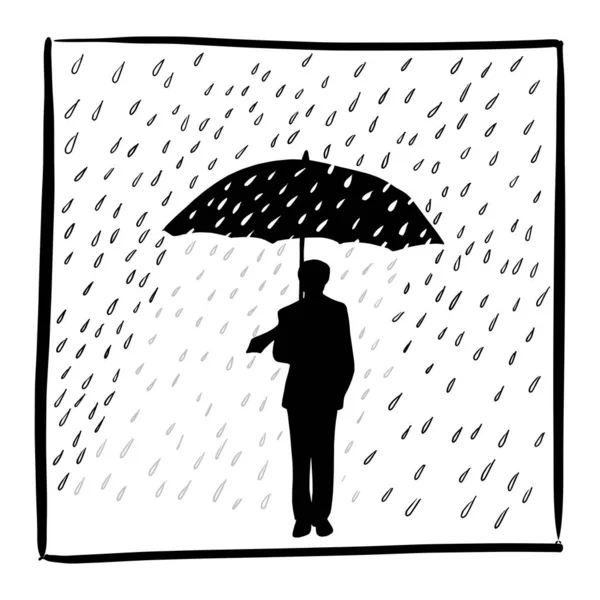 Silhouette businessman holding umbrella in rain vector illustration sketch doodle hand drawn isolated on white square frame background. Business concept — Stock Vector