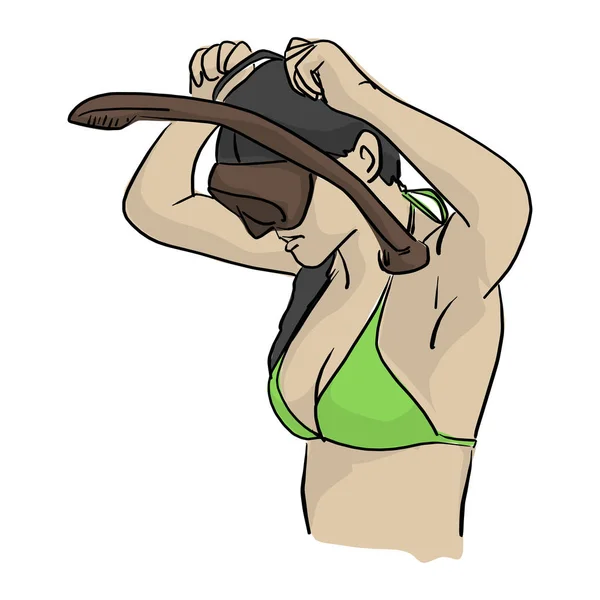 Mujer con bikini con esnórquel vector ilustración bosquejo garabato mano dibujada con líneas negras aisladas sobre fondo blanco — Vector de stock