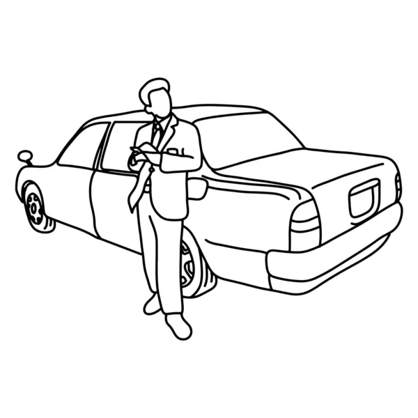 Taxista com seu carro vetor ilustração esboço doodle mão desenhada com linhas pretas isolado no fundo branco — Vetor de Stock