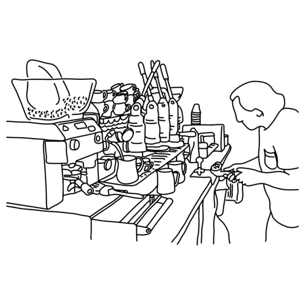 Mannelijke Barista maken van koffie in zijn winkel vector illustratie schets doodle hand getekend met zwarte lijnen geïsoleerd op witte achtergrond — Stockvector