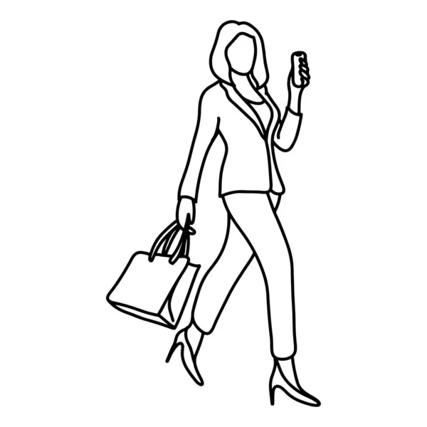 Business woman holding smartphone and shopping bag vector illustration sketch doodle hand drawn with black lines isolated on white background — Stock Vector