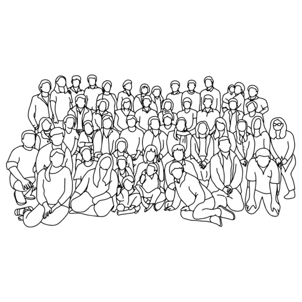 Grupo de personas juntas vector ilustración bosquejo garabato mano dibujada con líneas negras aisladas sobre fondo blanco. Trabajo en equipo . — Vector de stock