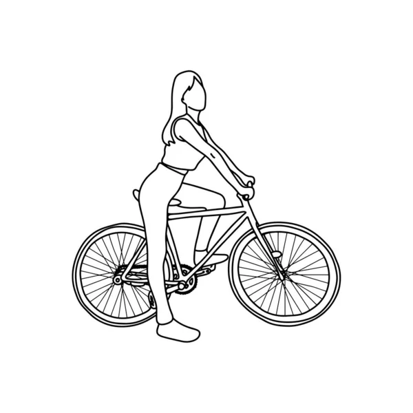 Femme en bonne santé avec vélo de sport vectoriel illustration croquis gribouille dessinée à la main avec des lignes noires isolées sur fond blanc — Image vectorielle