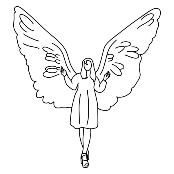Woman with big wing on her back vector illustration sketch doodle hand drawn with black lines isolated on white background — ストックベクタ