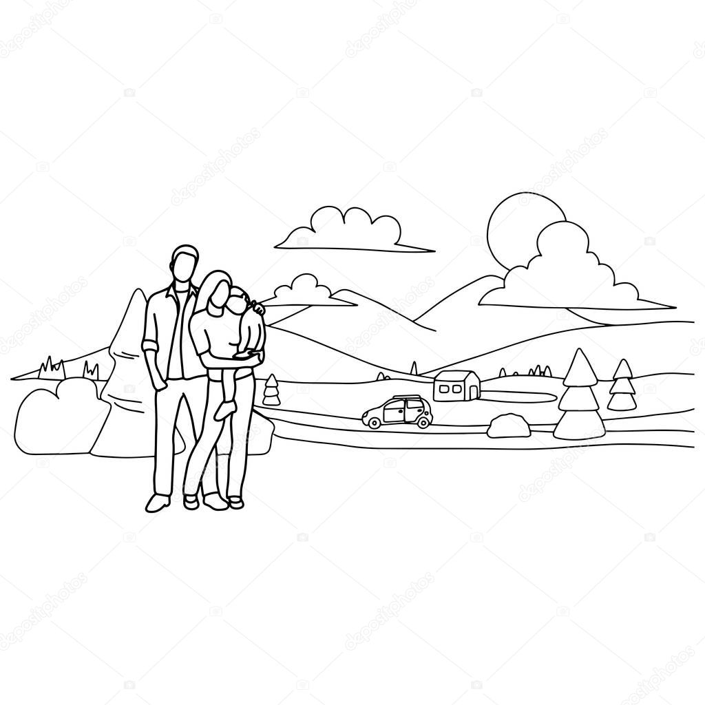 family driving car to travel in the nature tourism location vector illustration sketch doodle hand drawn with black lines isolated on white background