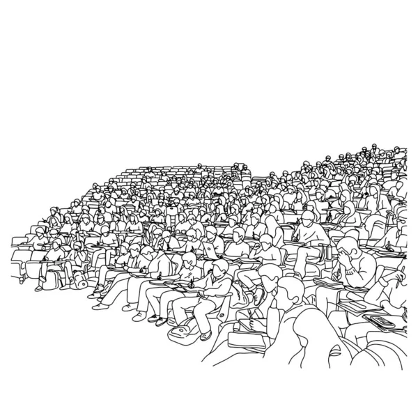 Högskolestudenter som studerar i lärande lutning rum vektor illustration skiss Doodle hand dragen med svarta linjer isolerade på vit bakgrund — Stock vektor
