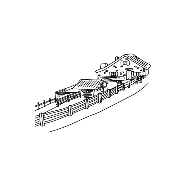 Maison avec clôture à la campagne en Europe illustration vectorielle croquis gribouillage dessiné à la main avec des lignes noires isolées sur fond blanc — Image vectorielle