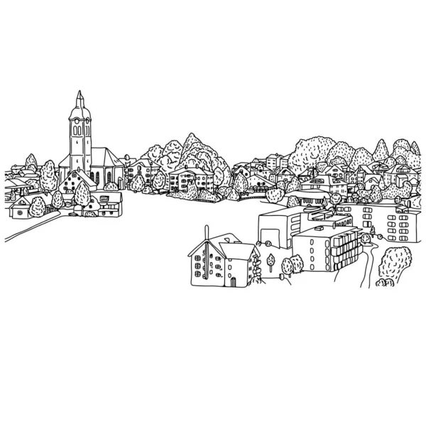 Kleines Dorf in Europa Vektor Illustration Skizze Doodle Hand mit schwarzen Linien auf weißem Hintergrund isoliert gezeichnet. Kopierraum. — Stockvektor
