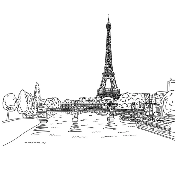 Menara eiffel di paris dengan vektor lamdscape gambar gambar tangan corat-coret dengan garis hitam diisolasi pada latar belakang putih - Stok Vektor