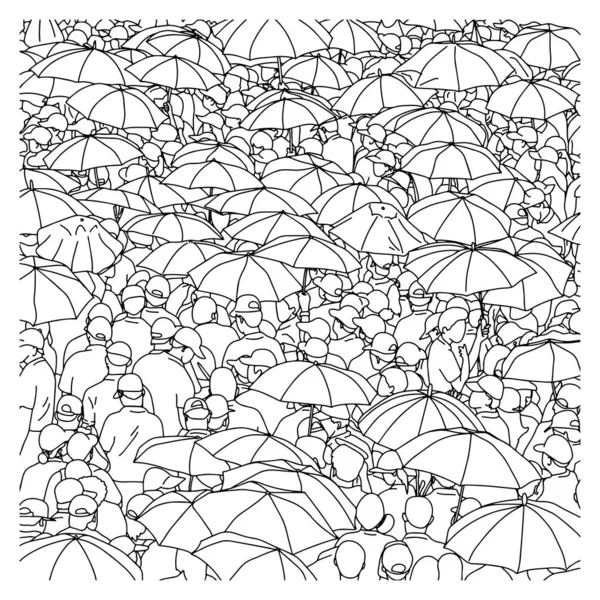Multidão pessoas na rua com guarda-chuva vetor ilustração esboço doodle mão desenhada com linhas pretas isolado no fundo branco —  Vetores de Stock