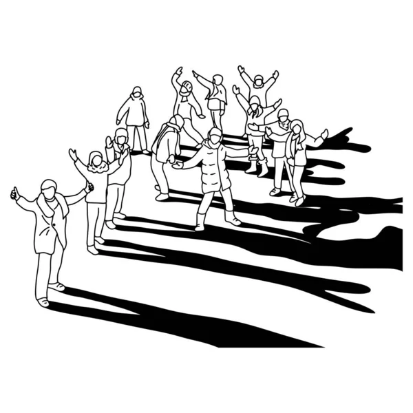Orang-orang berdiri bersama-sama dengan vektor cuaca dingin Sketsa corat-coret tangan digambar dengan garis-garis hitam terisolasi di latar belakang putih. Kerja sama tim atau konsep keluarga . - Stok Vektor