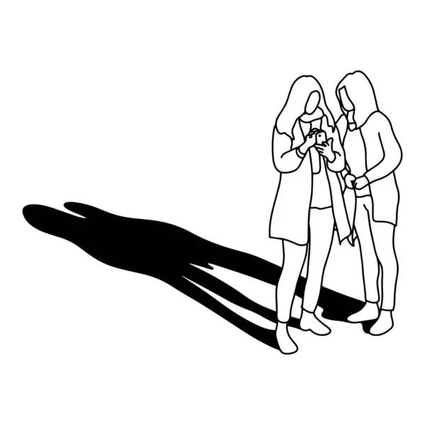 Dvě ženy používající mobilní telefon s dlouhým stínem stínu ilustrace s černými čarami izolovanými na bílém pozadí — Stockový vektor