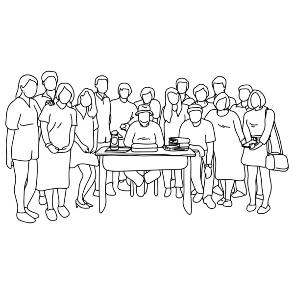 中央ベクトルイラストスケッチ落書き手でテーブルの上に座っている男と一緒に立っている15人の人々は、白い背景に隔離された黒い線で描かれた落書き手 — ストックベクタ
