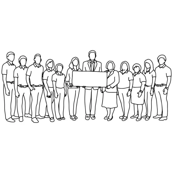 Zakenman Holding teken met zijn team vector illustratie schets doodle hand getekend met zwarte lijnen geïsoleerd op witte achtergrond — Stockvector