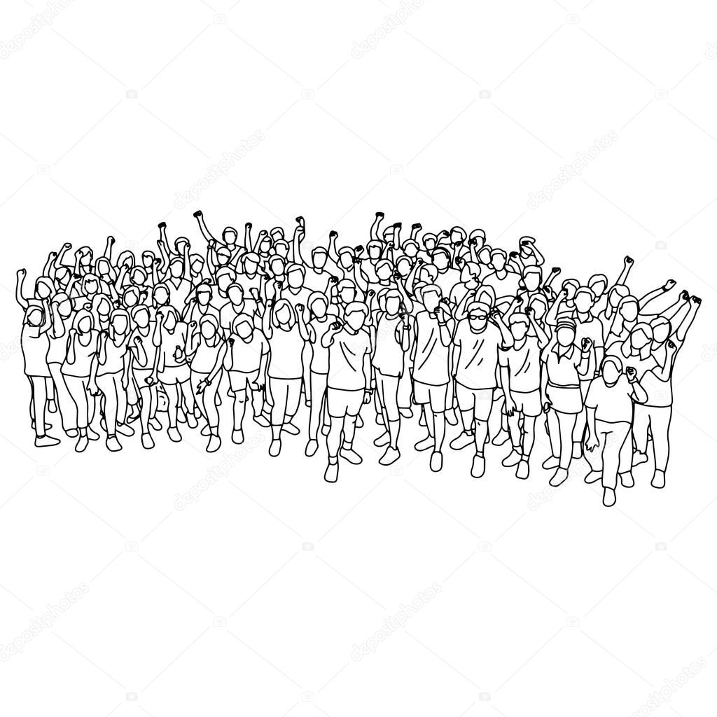 sport people standing together with fist gesture vector illustration sketch doodle hand drawn with black lines isolated on white background. Teamwork or family concept