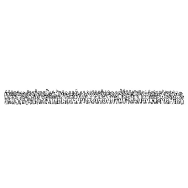 Personnes assises et debout ensemble en deux lignes sur l'illustration vectorielle croquis croquis à la main avec des lignes noires isolées sur fond blanc — Image vectorielle