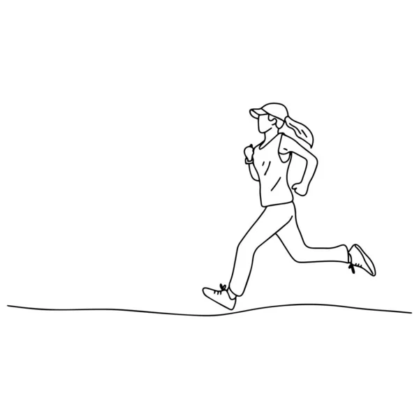 Femme avec chapeau jogging vectoriel illustration croquis gribouillage dessiné à la main avec des lignes noires isolées sur fond blanc — Image vectorielle