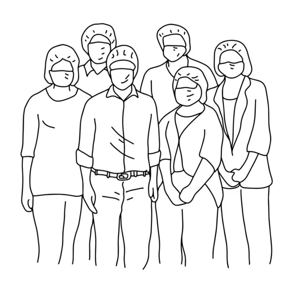 Six people wearing facial safety vector illustration sketch doodle hand drawn with black lines isolated on white background — Stock Vector