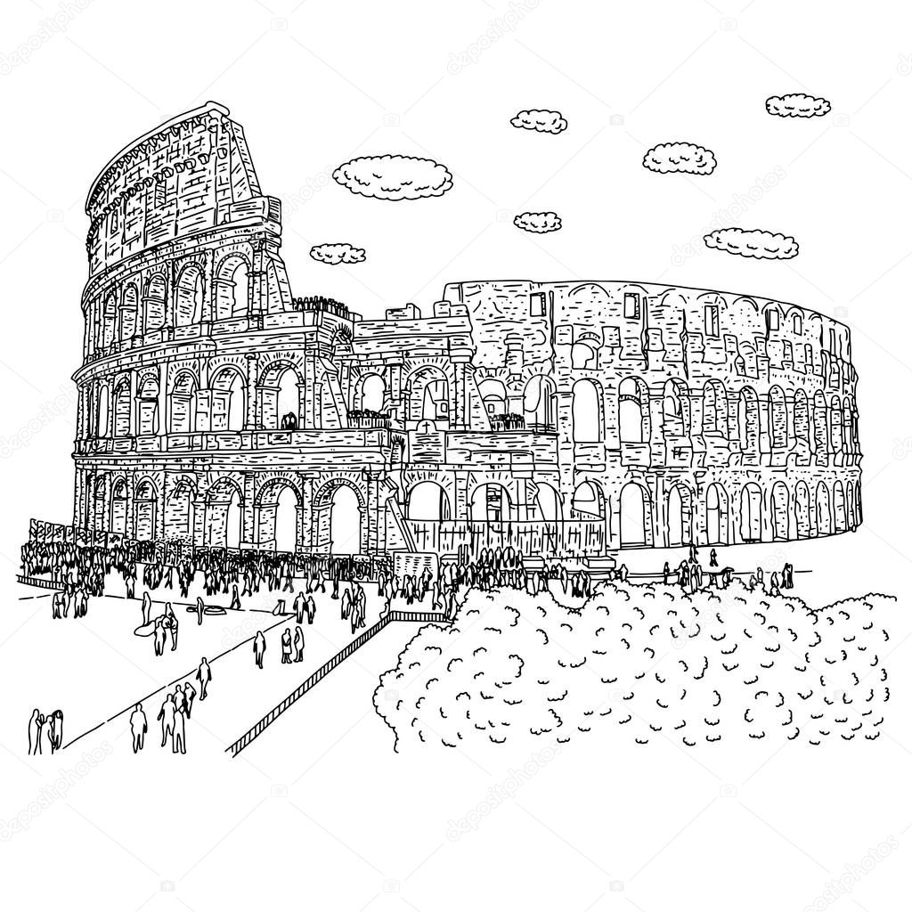 crowd of tourist visiting Colosseum vector illustration sketch doodle hand drawn with black lines isolated on white background