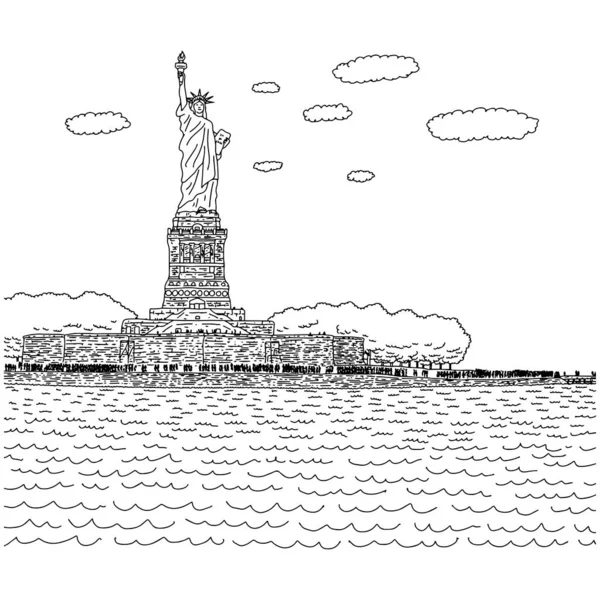 Freiheitsstatue auf Insel in nyc Hafenvektor Illustration Skizze Doodle Hand mit schwarzen Linien isoliert auf weißem Hintergrund gezeichnet — Stockvektor