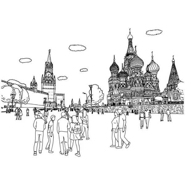 モスクワの赤の広場でクレムリンと聖バジル大聖堂を歩く人々や観光客は、白い背景に隔離された黒い線で描かれたスケッチ落書き手 — ストックベクタ